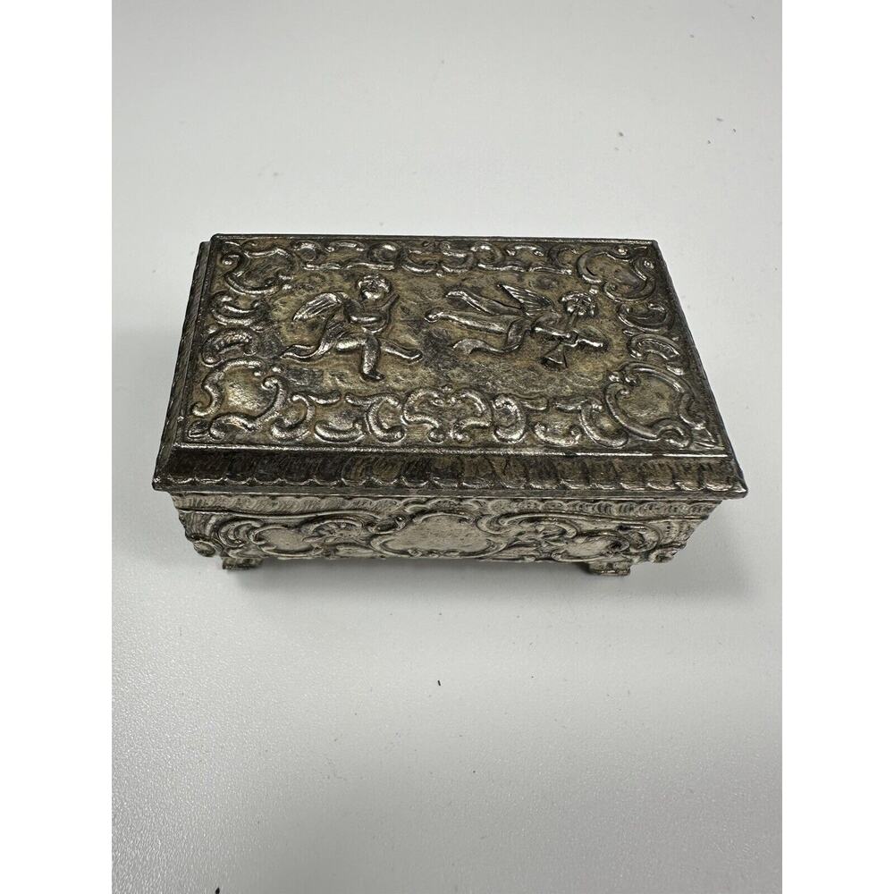 Trinket Box Cupid Jewelry Ring Holder Red Velvet Lined Footed Silver Toned Hinge